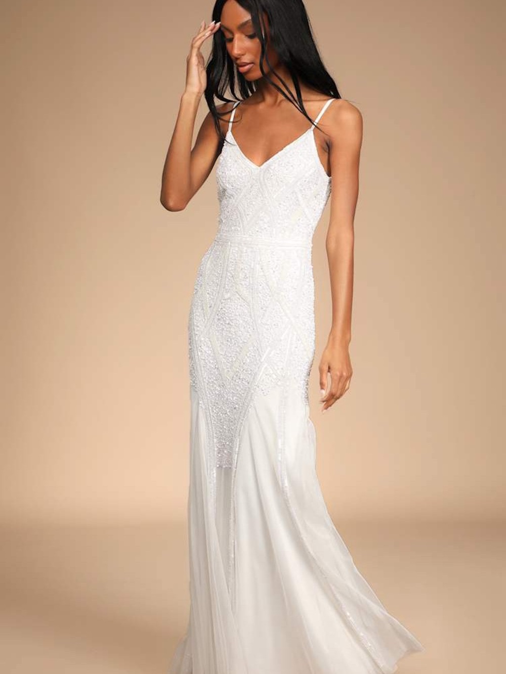 NWT LULUS Just the Beginning White Beaded Sequin Mermaid Maxi Dress, size S